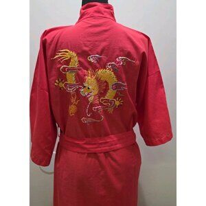 GOLDEN DEER Chinese Red Kimono Robe Size M Dragon Embroidered Asian Robe Salmon